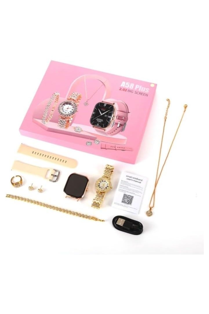 AWALOR Awalor 7 in 1 set A58 plus Suit with 2 straps Earrings bracelets necklaces set BT Call 2.02inch women smartwatch - Image 2