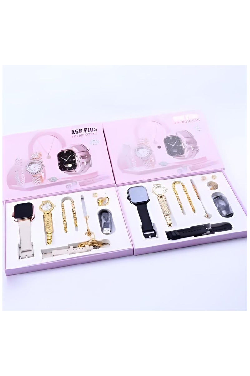 AWALOR Awalor 7 in 1 set A58 plus Suit with 2 straps Earrings bracelets necklaces set BT Call 2.02inch women smartwatch - Image 4