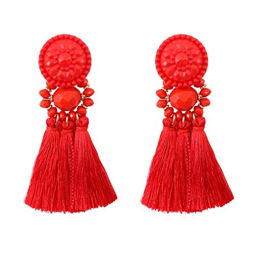Boderier Thread Tassel Earrings Chandelier Drop Dangling Earrings with Beaded Hoops Stud Earrings Statement Dangles for Women (Red) - Image 1
