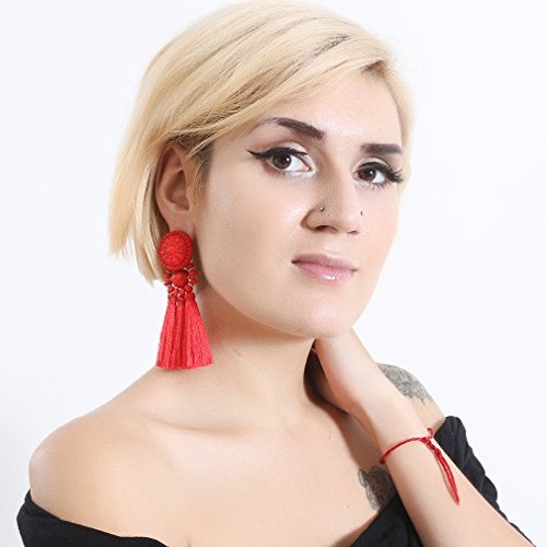 Boderier Thread Tassel Earrings Chandelier Drop Dangling Earrings with Beaded Hoops Stud Earrings Statement Dangles for Women (Red) - Image 2