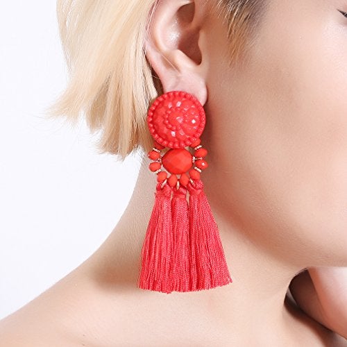 Boderier Thread Tassel Earrings Chandelier Drop Dangling Earrings with Beaded Hoops Stud Earrings Statement Dangles for Women (Red) - Image 3