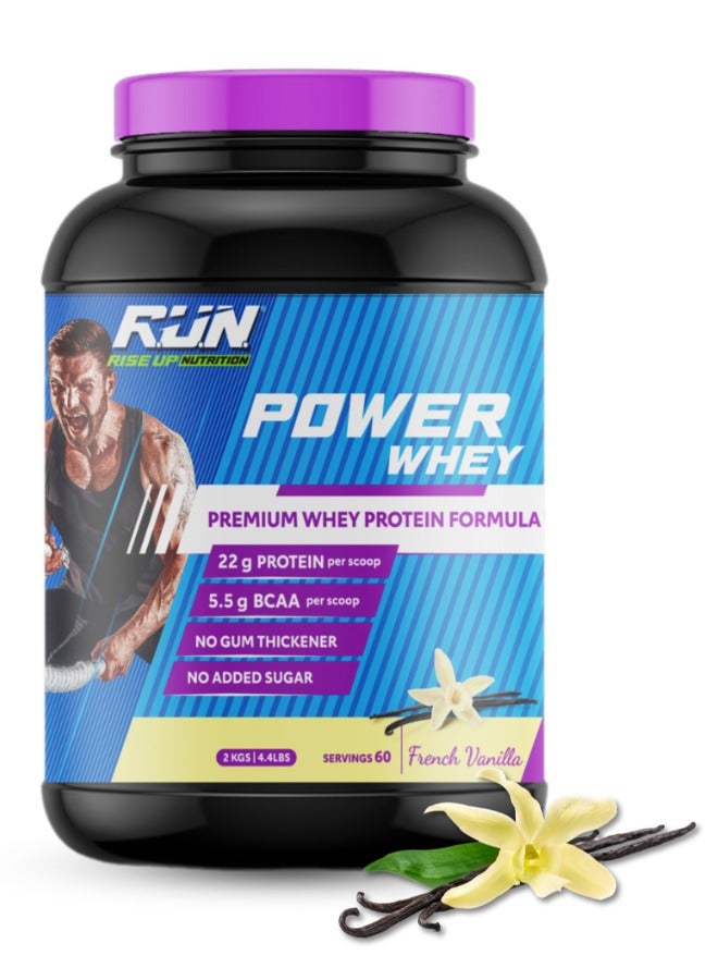 Rise Up Nutrition Power Whey Protein 2kg, Premium Whey Powder, 22g Protein, 5.5g BCAA, Non-GMO, Gluten free, Soy free, 4.40 Lbs (French Vanilla) - Image 1