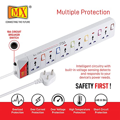 MX 6 Socket Power Strip with Individual Switches, LED Indicator & Child Safety Shutters | Universal Sockets with 1.5 Meter Heavy Duty Cord | Surge Protector Power Extension Board - Image 4