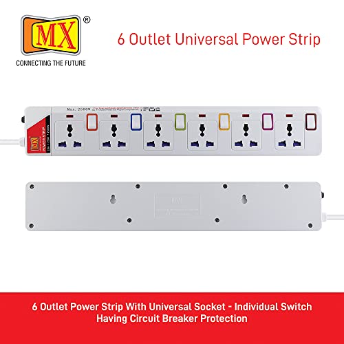MX 6 Socket Power Strip with Individual Switches, LED Indicator & Child Safety Shutters | Universal Sockets with 1.5 Meter Heavy Duty Cord | Surge Protector Power Extension Board - Image 2
