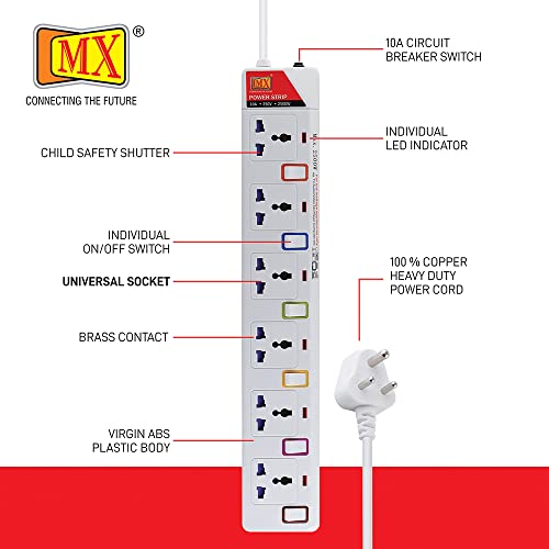 MX 6 Socket Power Strip with Individual Switches, LED Indicator & Child Safety Shutters | Universal Sockets with 1.5 Meter Heavy Duty Cord | Surge Protector Power Extension Board - Image 3