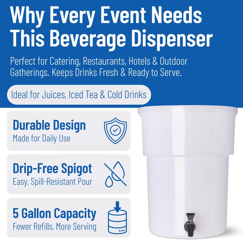 Carlisle FoodService Products Round Beverage Dispenser Drink Dispenser with Spigot for Catering, Plastic, 5 Gallons, White - Image 3