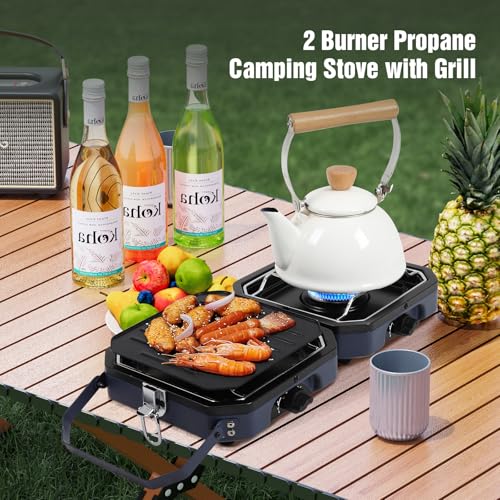 Dollate 2 Burner Camping Stove with Carrying Bag, 16000 BTU Portable Propane Stove for Camping, Collapsible camping stove with two side shelves and adjustable burners for outdoor barbecues(Blue) - Image 2