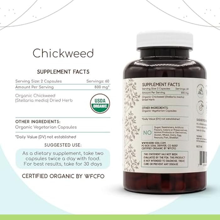 HerbEra Chickweed USDA Organic Capsules | Certified Organic Vegetarian Capsules, Herbal Dietary Supplement | Stellaria Media Dried Herb (120 Capsules) - Image 3
