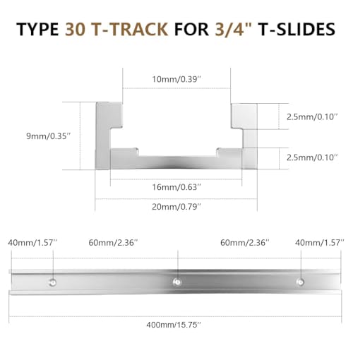 Serplex® Aluminum 400mm Double-Cut Profile Universal 3/4 T-Track with Predrilled Mounting Holes, 30 Type T Track for Woodworking Jigs and Fixtures, Drill Press Table,(15.75in) - Image 2