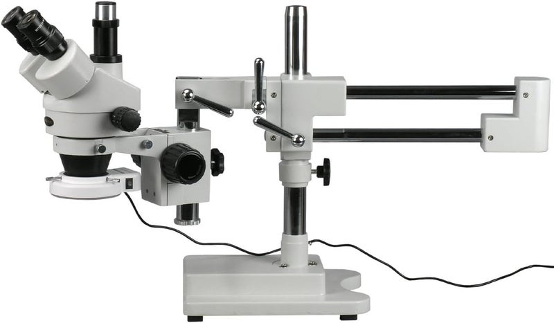 AmScope AmScope SM4T56S Professional Trinocular Stereo Zoom Microscope WH10x Eyepieces 7X45X Magnification 07X45X Zoom Objective 56Bulb LED Ring Light DoubleArm Boom Stand 110V120V  - Image 1