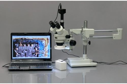 AmScope AmScope SM4T56S Professional Trinocular Stereo Zoom Microscope WH10x Eyepieces 7X45X Magnification 07X45X Zoom Objective 56Bulb LED Ring Light DoubleArm Boom Stand 110V120V  - Image 3