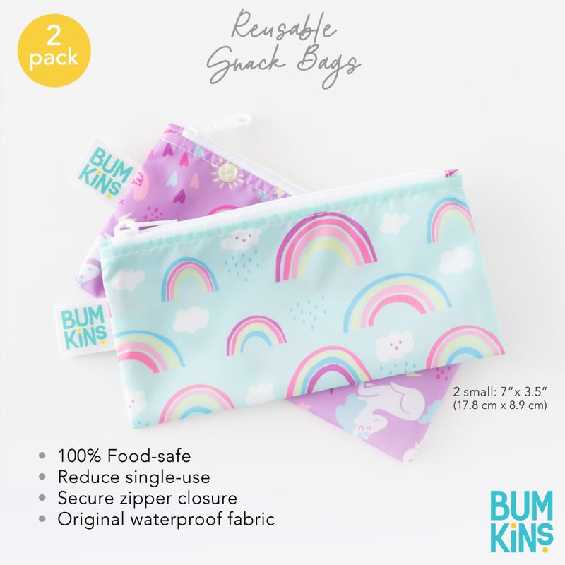 Bumkins Reusable Snack Bags, for Kids School Lunch and for Adults Portion, Washable Fabric, Waterproof Cloth Zip Bag, Supplies Travel Pouch, Food-Safe, 2-pk Unicorns and Rainbows - Image 5