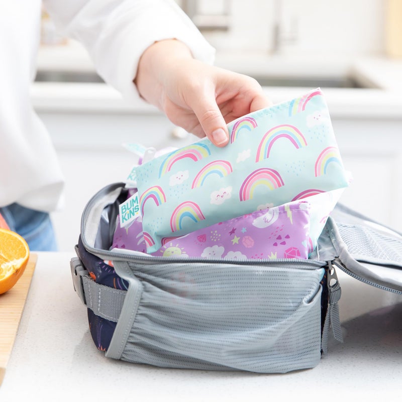 Bumkins Reusable Snack Bags, for Kids School Lunch and for Adults Portion, Washable Fabric, Waterproof Cloth Zip Bag, Supplies Travel Pouch, Food-Safe, 2-pk Unicorns and Rainbows - Image 2