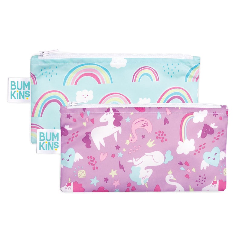 Bumkins Reusable Snack Bags, for Kids School Lunch and for Adults Portion, Washable Fabric, Waterproof Cloth Zip Bag, Supplies Travel Pouch, Food-Safe, 2-pk Unicorns and Rainbows - Image 1