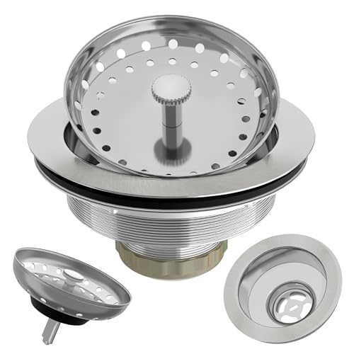 Exakey Kitchen Sink Drain 3-1/2 Inch Brushed Stainless Steel Sink Drain Strainer Assembly Kit with Sink Strainer Basket and Drain Stopper for Standard Kitchen Drains Brush Nickel Silver - Image 1