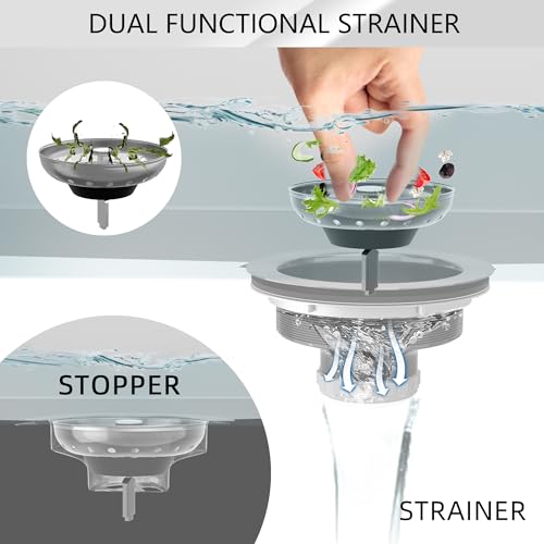 Exakey Kitchen Sink Drain 3-1/2 Inch Brushed Stainless Steel Sink Drain Strainer Assembly Kit with Sink Strainer Basket and Drain Stopper for Standard Kitchen Drains Brush Nickel Silver - Image 2
