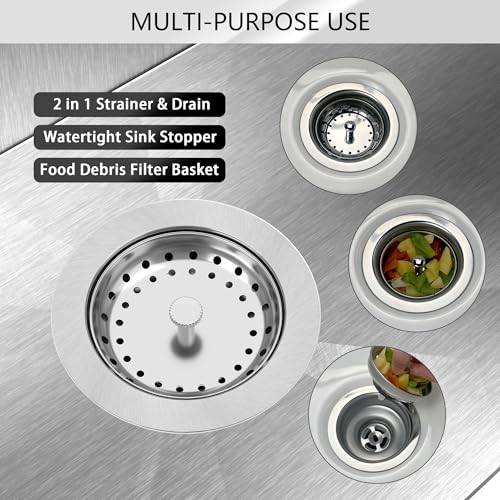 Exakey Kitchen Sink Drain 3-1/2 Inch Brushed Stainless Steel Sink Drain Strainer Assembly Kit with Sink Strainer Basket and Drain Stopper for Standard Kitchen Drains Brush Nickel Silver - Image 3