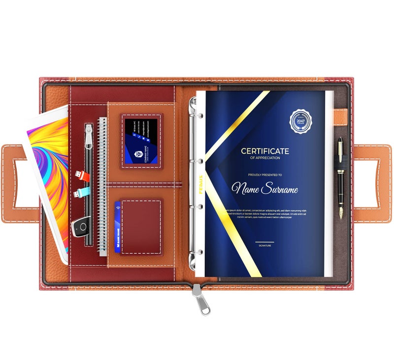 FEDUS Files for Documents 20 Leafs Foolscap Size (Bigger Than A4 Size) 4 Ring File with Hidden Handle Multipurpose Leatherette Portfolio Professional Executive Document File Folder for certificates - Image 1