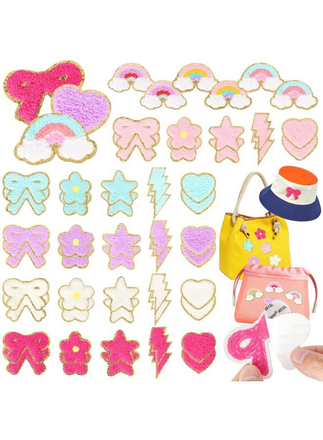 NICEVINYL Self-Adhesive Chenille Patches for Girly Bags: 56PCS Classic-Color Flower Star Heart Cute Patch Embroidered Stick on - Lighting Rainbow Sticker Applique for Clothing Fabric Backpack Decor - Image 1