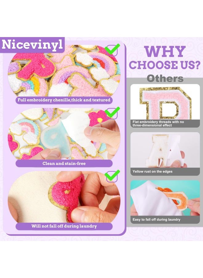 NICEVINYL Self-Adhesive Chenille Patches for Girly Bags: 56PCS Classic-Color Flower Star Heart Cute Patch Embroidered Stick on - Lighting Rainbow Sticker Applique for Clothing Fabric Backpack Decor - Image 3