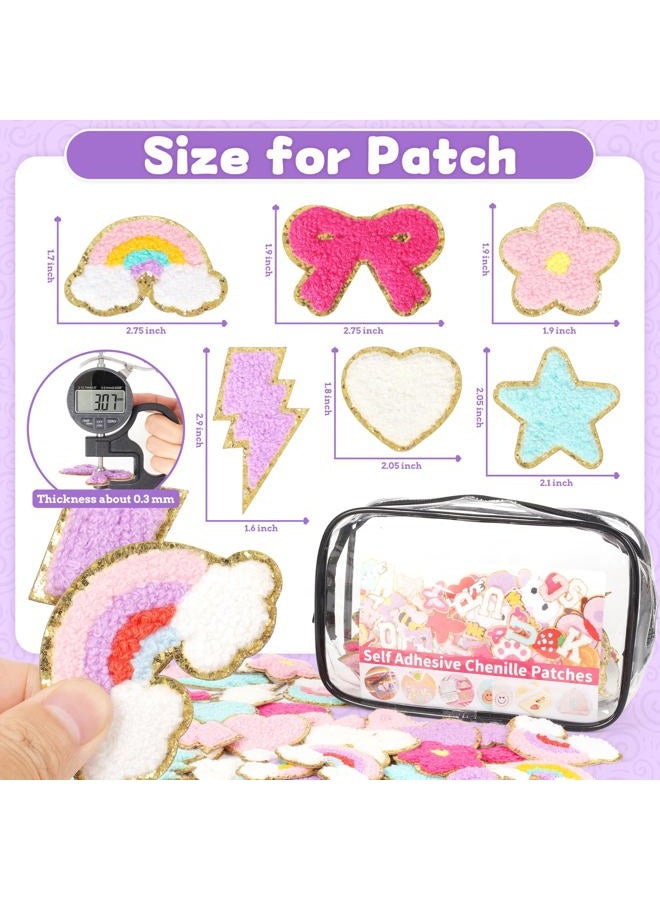 NICEVINYL Self-Adhesive Chenille Patches for Girly Bags: 56PCS Classic-Color Flower Star Heart Cute Patch Embroidered Stick on - Lighting Rainbow Sticker Applique for Clothing Fabric Backpack Decor - Image 2