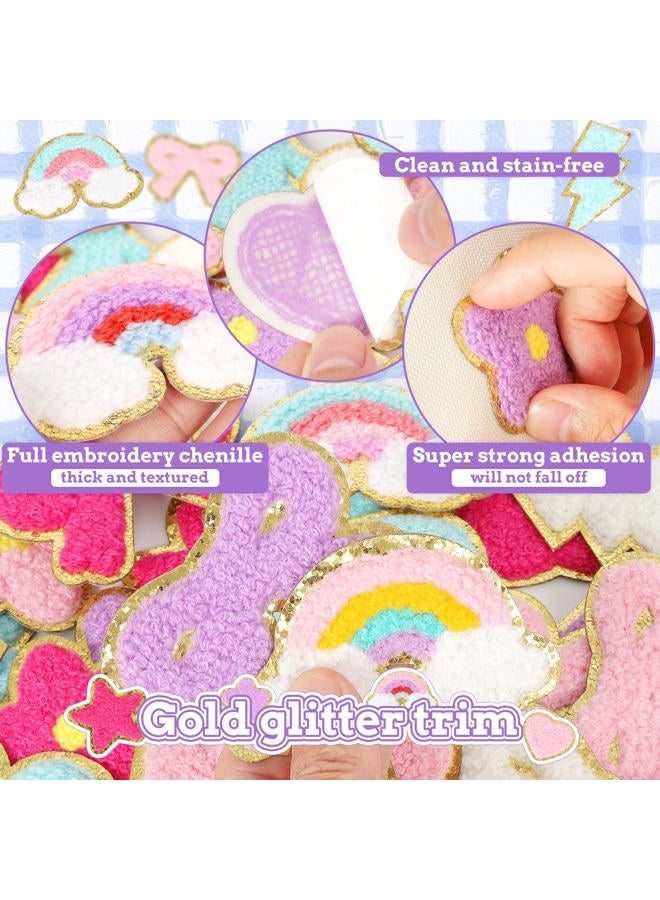 NICEVINYL Self-Adhesive Chenille Patches for Girly Bags: 56PCS Classic-Color Flower Star Heart Cute Patch Embroidered Stick on - Lighting Rainbow Sticker Applique for Clothing Fabric Backpack Decor - Image 4