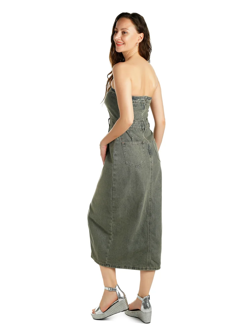 London Rag Strapless Denim Midi Dress
