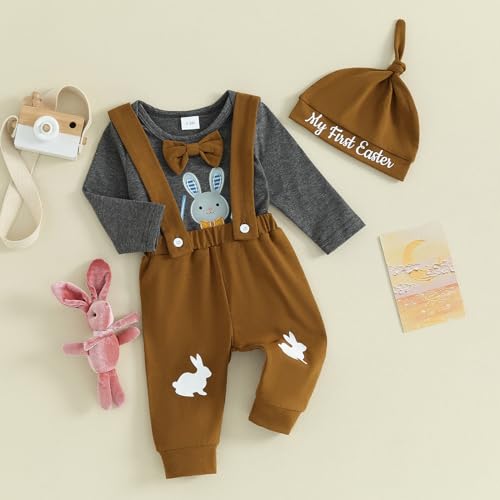 Bonangber Baby Boy Easter Outfit First Easter Romper Bunny Onesie Elastic Suspender Pants Set Newborn Easter Outfit Boy(B-Bunny Gray,0-3 Months) - Image 5