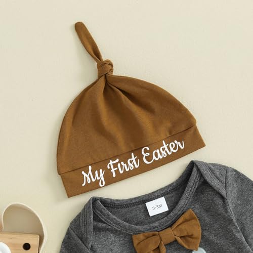 Bonangber Baby Boy Easter Outfit First Easter Romper Bunny Onesie Elastic Suspender Pants Set Newborn Easter Outfit Boy(B-Bunny Gray,0-3 Months) - Image 2