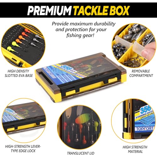 TOPFORT 356PCS Abundant Fishing Accessories Kit with Double-side Fishing Tackle Box, Fish Gear and Equipment Include Fishing Hooks Jig Head Fishing Weights Sinkers for Trout Bass Crappie - Image 4