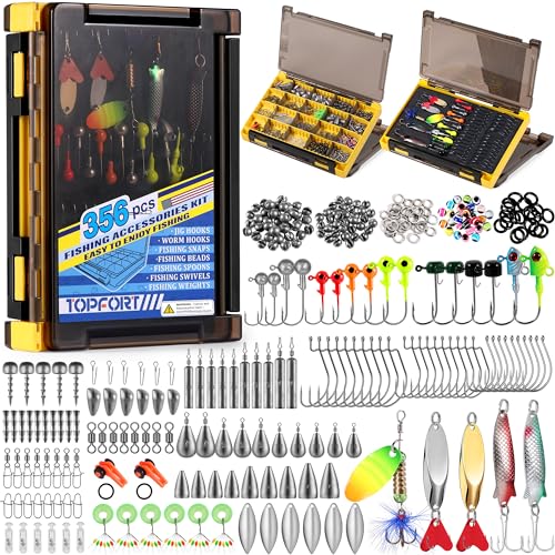 TOPFORT 356PCS Abundant Fishing Accessories Kit with Double-side Fishing Tackle Box, Fish Gear and Equipment Include Fishing Hooks Jig Head Fishing Weights Sinkers for Trout Bass Crappie - Image 1