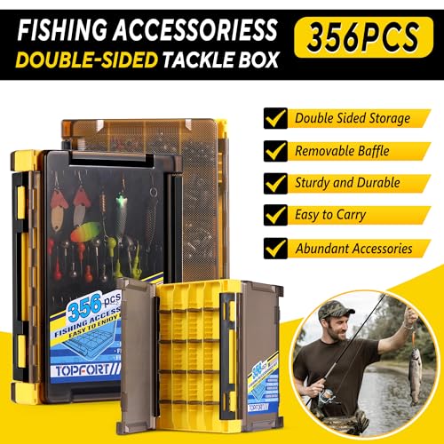TOPFORT 356PCS Abundant Fishing Accessories Kit with Double-side Fishing Tackle Box, Fish Gear and Equipment Include Fishing Hooks Jig Head Fishing Weights Sinkers for Trout Bass Crappie - Image 2