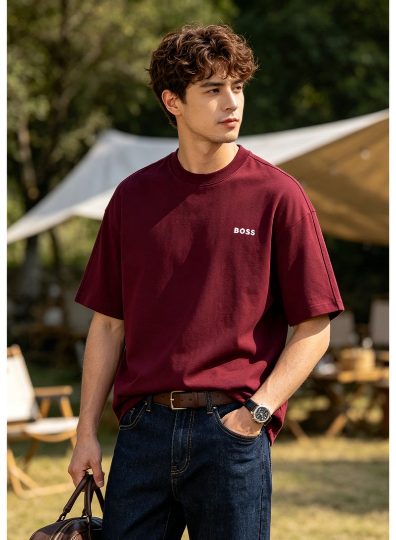 BOSS Men’s Printed Logo Crew Neck Oversized Short Sleeve Casual Everyday Cotton T-Shirt Burgundy - Image 4
