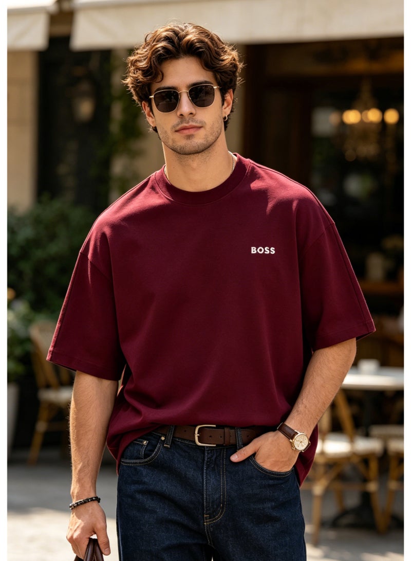 BOSS Men’s Printed Logo Crew Neck Oversized Short Sleeve Casual Everyday Cotton T-Shirt Burgundy - Image 2