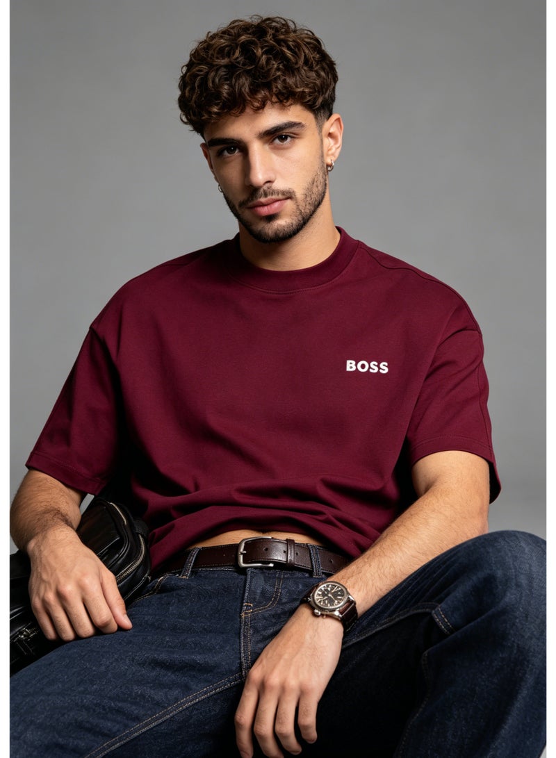 BOSS Men’s Printed Logo Crew Neck Oversized Short Sleeve Casual Everyday Cotton T-Shirt Burgundy - Image 5