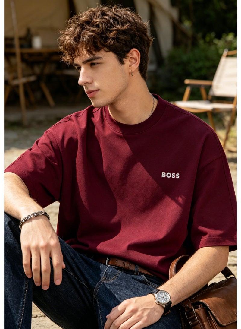 BOSS Men’s Printed Logo Crew Neck Oversized Short Sleeve Casual Everyday Cotton T-Shirt Burgundy - Image 3