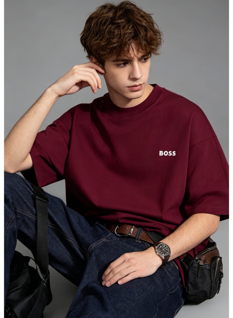BOSS Men’s Printed Logo Crew Neck Oversized Short Sleeve Casual Everyday Cotton T-Shirt Burgundy - Image 1