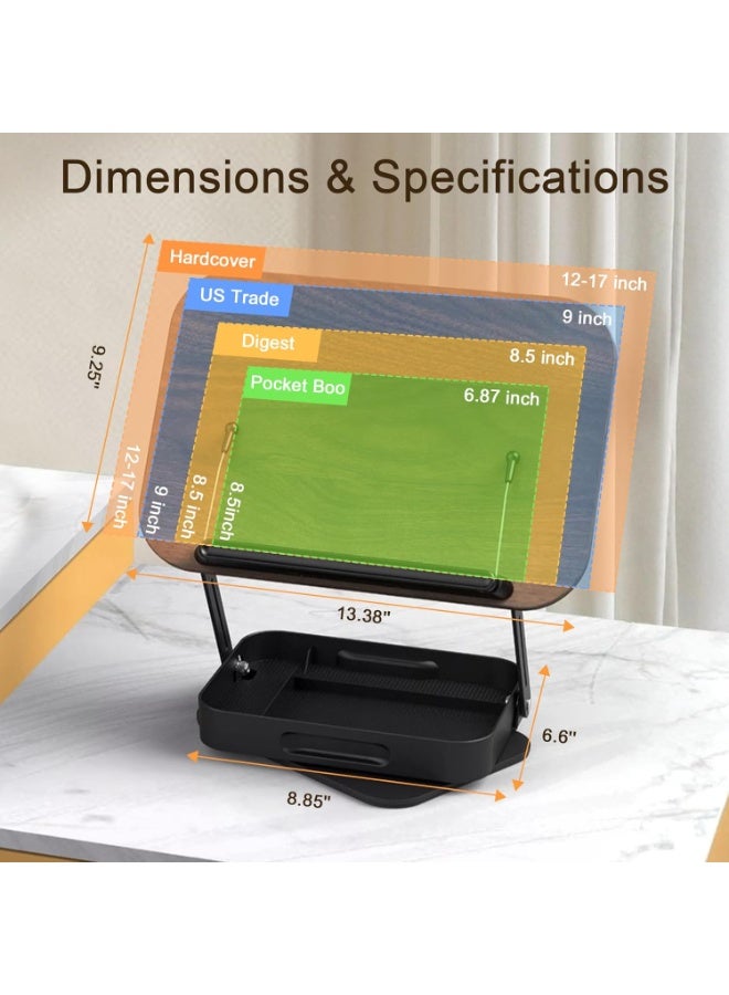 XiuWoo Book Stand for Reading with Storage, Adjustable Book Holder with 360° Rotating Bases, Foldable Desktop Riser Stand, Elastic Clips for Cookbook Recipe Magazines Tablets, Laptops (Walnut Color) - Image 4