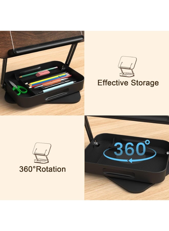 XiuWoo Book Stand for Reading with Storage, Adjustable Book Holder with 360° Rotating Bases, Foldable Desktop Riser Stand, Elastic Clips for Cookbook Recipe Magazines Tablets, Laptops (Walnut Color) - Image 5
