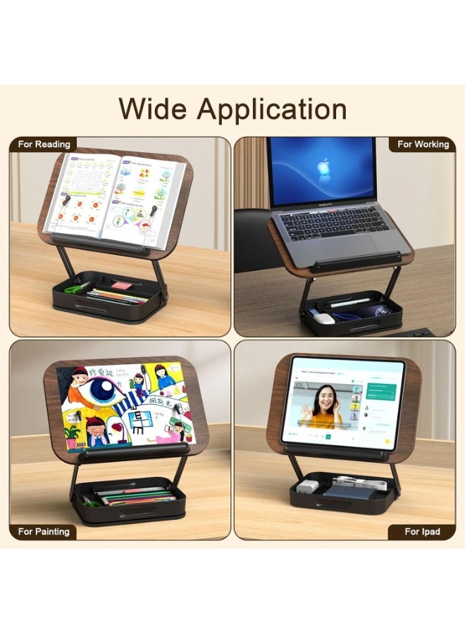 XiuWoo Book Stand for Reading with Storage, Adjustable Book Holder with 360° Rotating Bases, Foldable Desktop Riser Stand, Elastic Clips for Cookbook Recipe Magazines Tablets, Laptops (Walnut Color) - Image 3