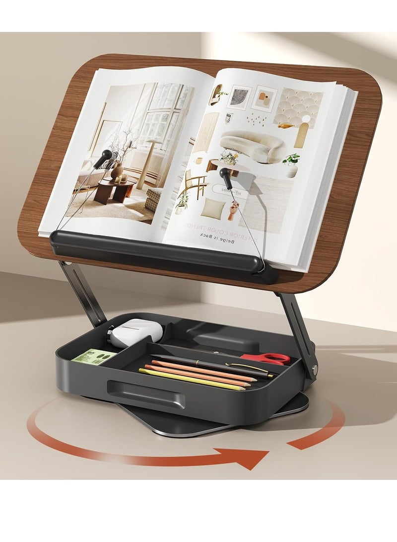 XiuWoo Book Stand for Reading with Storage, Adjustable Book Holder with 360° Rotating Bases, Foldable Desktop Riser Stand, Elastic Clips for Cookbook Recipe Magazines Tablets, Laptops (Walnut Color) - Image 1