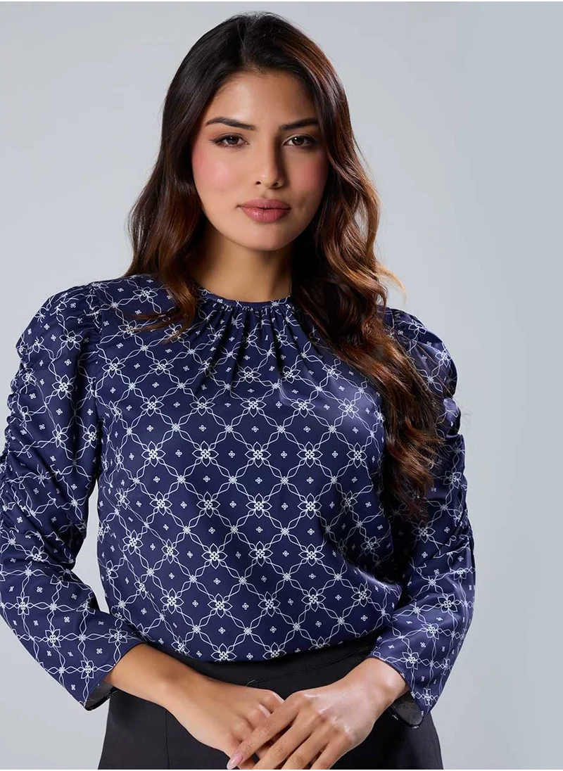 Zigzag Long Sleeve  Detailed Printed Chiffon Blue Top