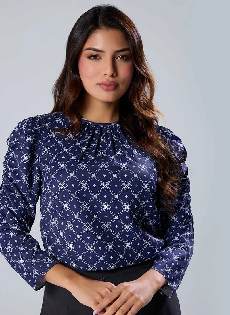 Zigzag Long Sleeve  Detailed Printed Chiffon Blue Top