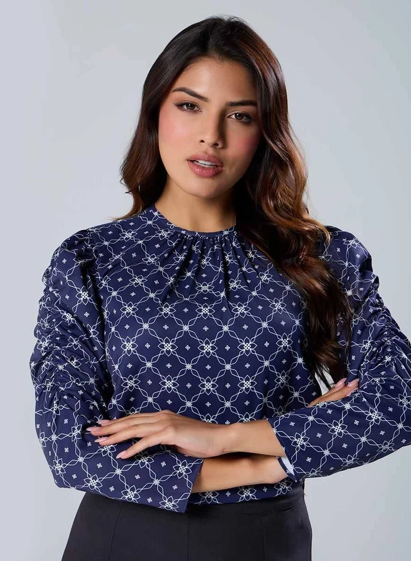 Zigzag Long Sleeve  Detailed Printed Chiffon Blue Top