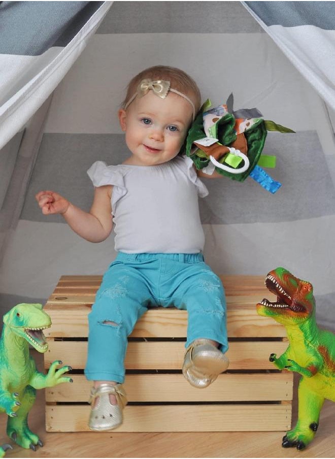 The Learning Lovey Baby Sensory Crinkle & Teething Square Lovey Toy with Closed Ribbon Tags for Increased Stimulation: 8"X8"  (Dinosaurs)  - Image 3
