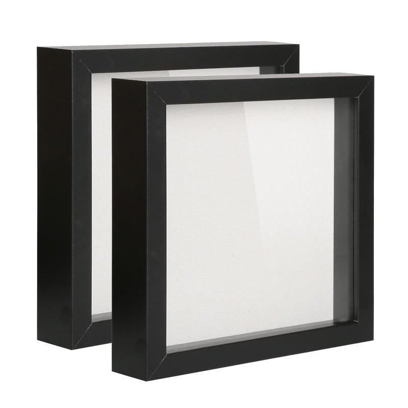Muzilife Shadow Box Picture Frame with Linen Board Deep Wood Glass Display Case Ready to Hang Memory Box Baby Sports Memorabilia  Pins  Awards  Medals  Wedding  Tickets and Photos (Black  2pcs 8X8) - Image 1