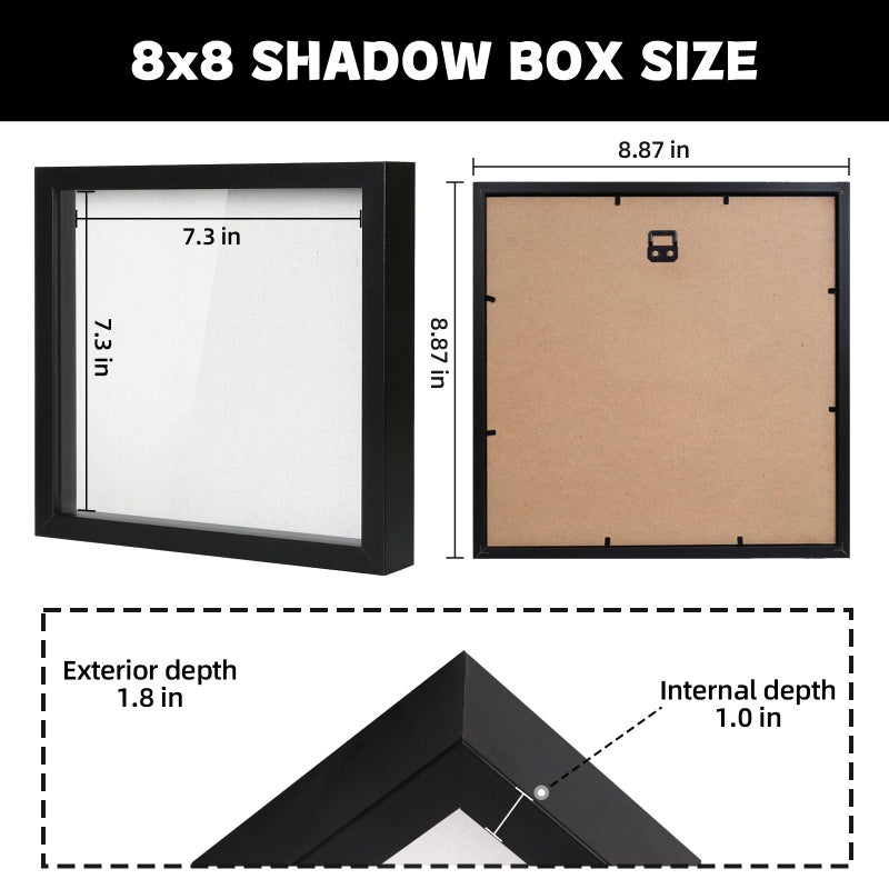 Muzilife Shadow Box Picture Frame with Linen Board Deep Wood Glass Display Case Ready to Hang Memory Box Baby Sports Memorabilia  Pins  Awards  Medals  Wedding  Tickets and Photos (Black  2pcs 8X8) - Image 2