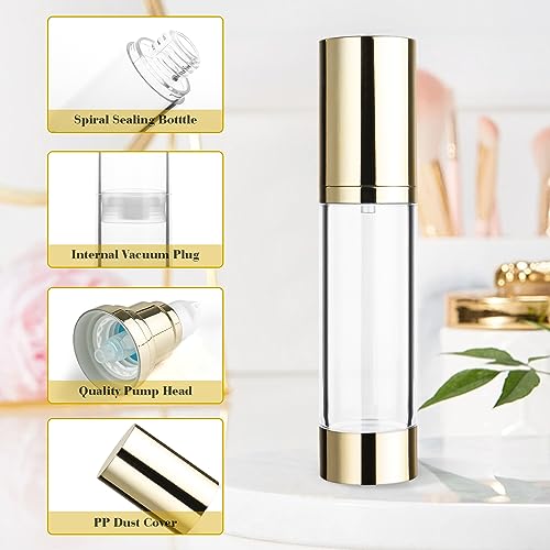 Cositina 4 Pack 50ml/1.7oz Clear Airless Pump Bottle Plastic Vacuum Pump Press Container Empty Lotion Dispenser for Cream Toiletries Liquid Foundation Cosmetic Sample Travel - Gold - Image 2