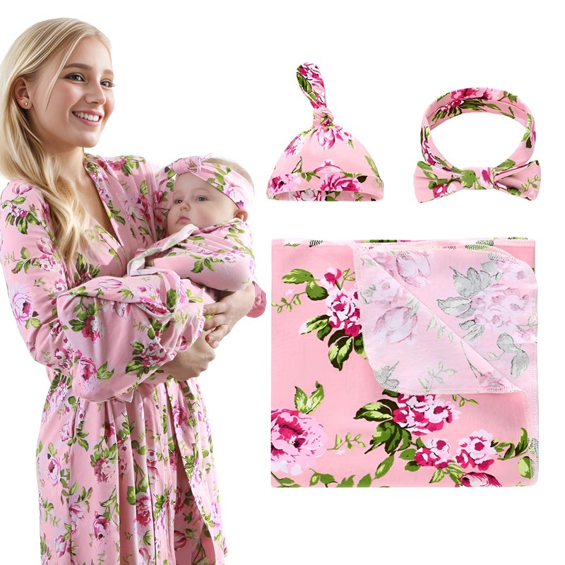 Miracle Baby 4 Pack Maternity Robe and Matching Baby Swaddle Blanket with Hat Headband Set Stretchy Knitted Delivery Nursing Dress with Pockets and Receiving Blanket for Mummy and Baby Pink Flower 