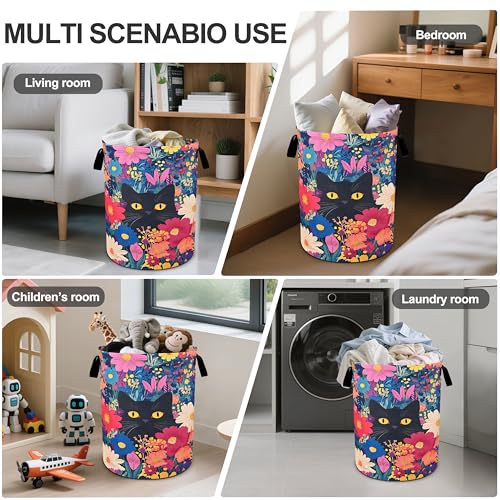 bassyil Black Cat Floral Laundry Basket Foldable Oxford Cloth Tote Bag Laundry Hamper Clothes Storage Bucket Organizer For Bathroom/Laundry Storage/Bedroom 19.6x15.7 Inch - Image 5